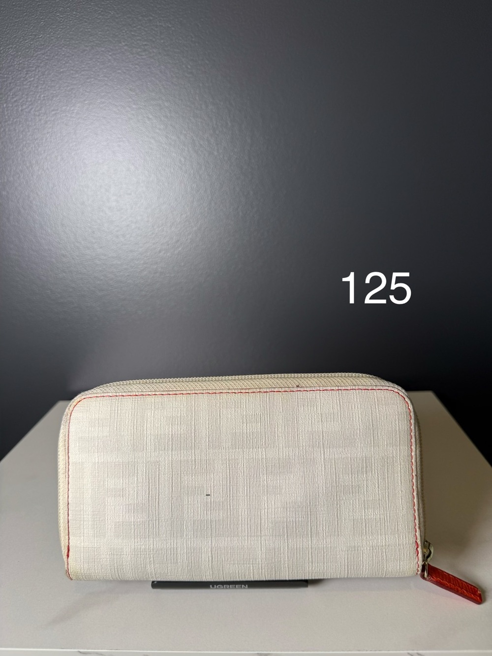 Fendi Cream Zip-Around Wallet with Coral Accent